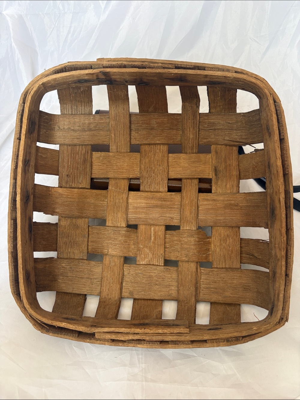 Vintage Primitive Oak Splint Basket with Oxidized Metal Rim Fasteners